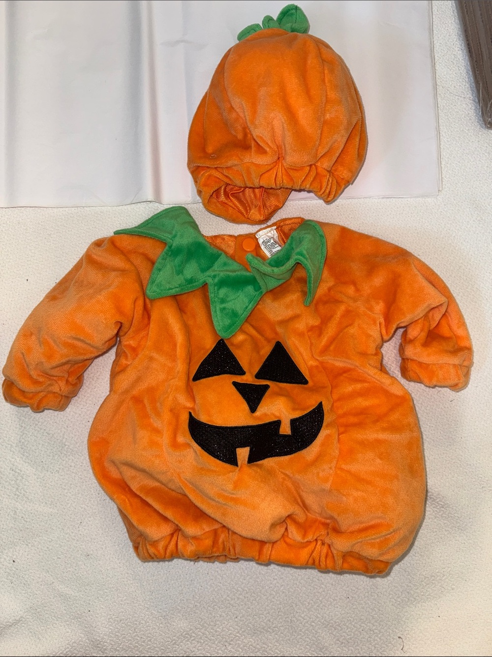 Orange Pumpkin Plush Kids Costume with Green Collar 6-12 M